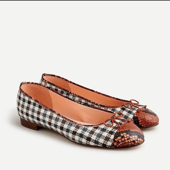 J. Crew Shoes - J. Crew Kiki Black White Wool Plaid & Brown Snake Skin Cap Toe Ballet Flats 7